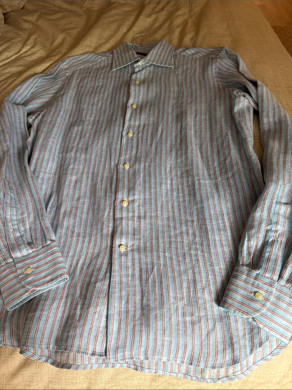A. Basile Satoriale Mens Striped Linen Dress Shirt. Blue/Red. Size 16.5/42.